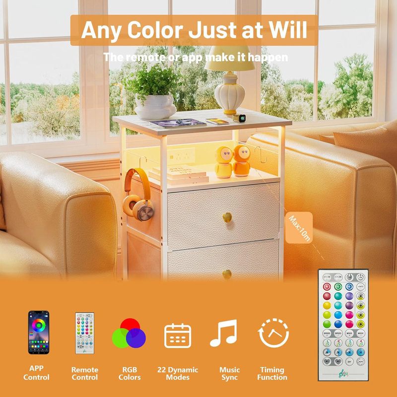 LED Nightstand With Charging Station, 2 Drawers And Open Shelves, Metal Frame And Wood Shelf, Multi-Functional Bedside Table For Bedroom, Living Room, Dorm