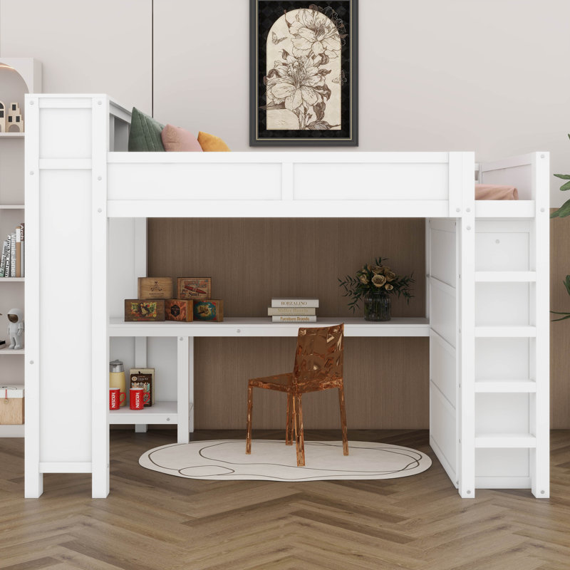 Queen Size Loft Bed With Shelves & USB, Solid Wood Loft Bed With Desk And Storage Wardrobe, Ladder And Guardrails, White