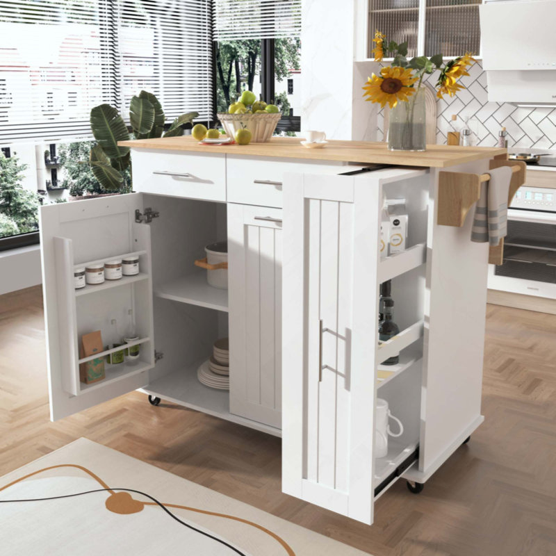 Kitchen Island With Drop Leaf, Kitchen Storage Cart With 3 Tier Pull Out Cabinet Organizer, Internal Storage Rack, Rolling Kitchen Cart On Wheels With Towel Rack, 2 Drawers, For Kitchen
