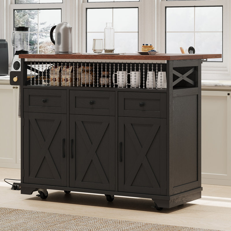 46.5" Farmhouse Kitchen Island With Drape Of Beads, Black