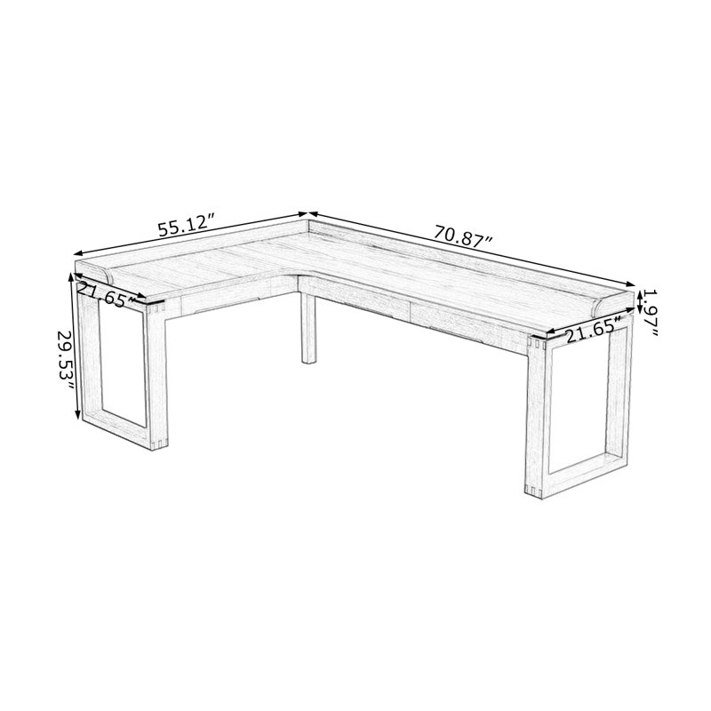 Bureau en bois massif en L noyer clair avec 3 tiroirs, Retour à gauche, H 31,5 po x l 70,87 po x P 55,12 po