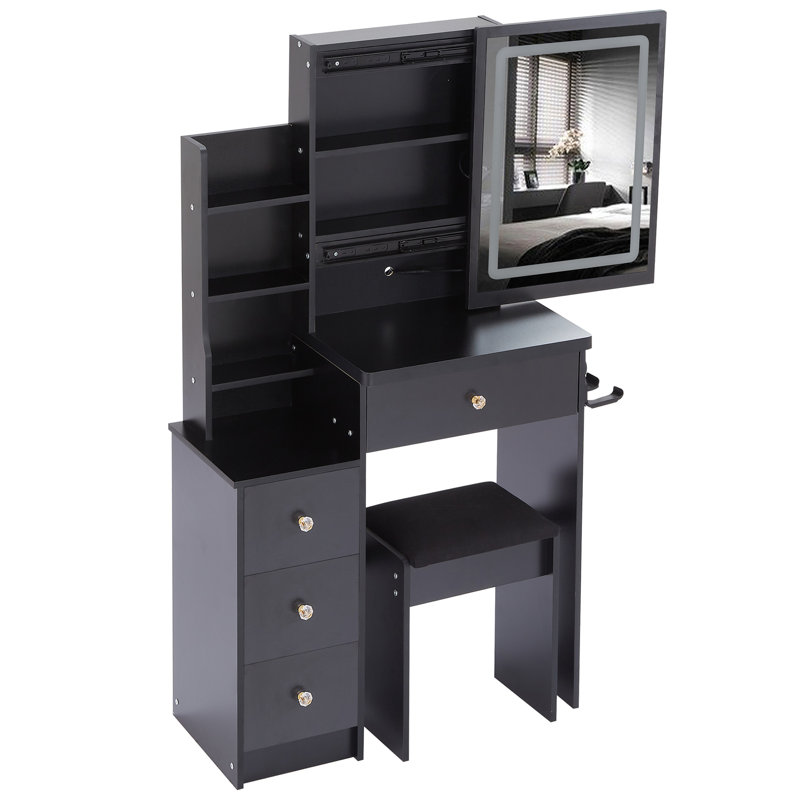 29.2" Small Size Left Bedside Cabinet Vanity Table + Cushioned Stool, 2 AC+2 USB Power Station, Hair Dryer Bracket, Extra Large Touch Control Sliding LED Mirror, Tri-Color Switching, Brightness Adjust