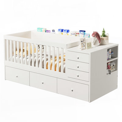 Convertible Crib to Daybed with Drawers,2-in-1 Baby Crib with Solid Wood Guardrails