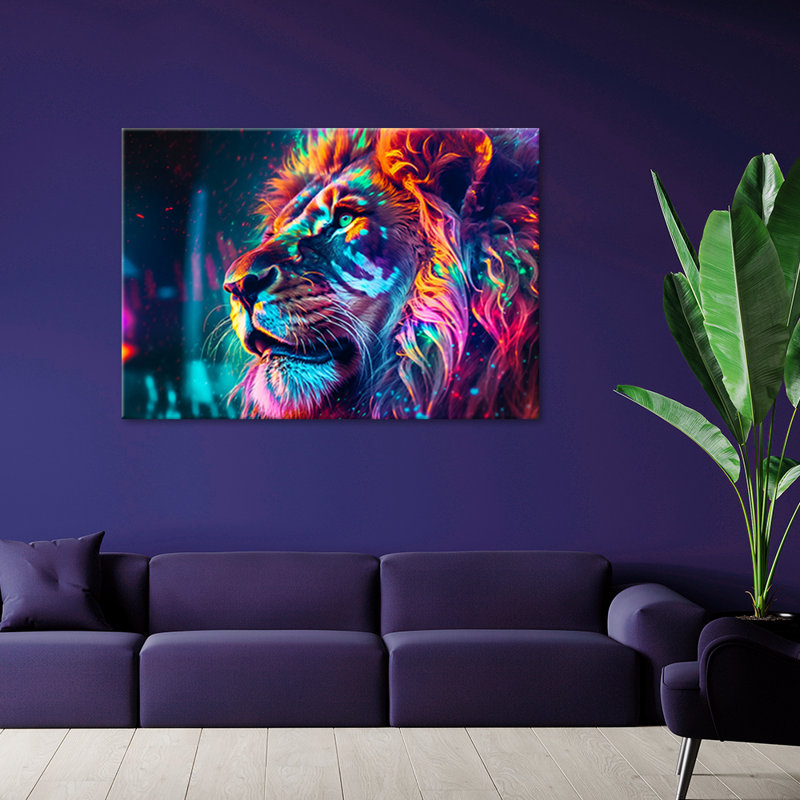 Neon Animal Lion Ai - Wrapped Canvas Print, 60cm H x 90cm W