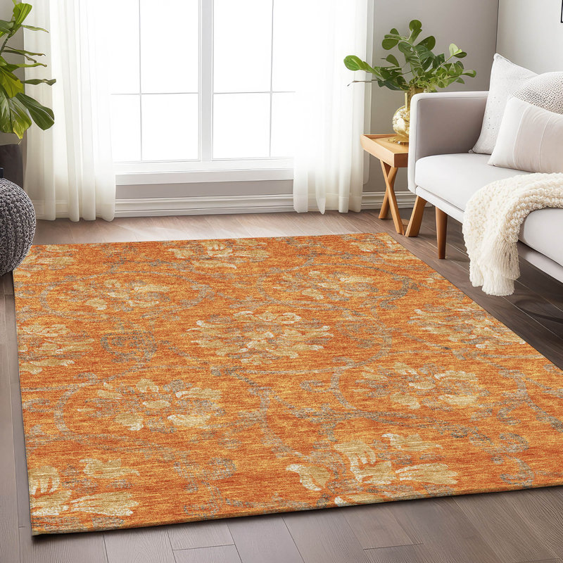 Tapis orange Prisco lavable à la machine de qualité supérieure, Rectangulaire 3 pi x 5 pi