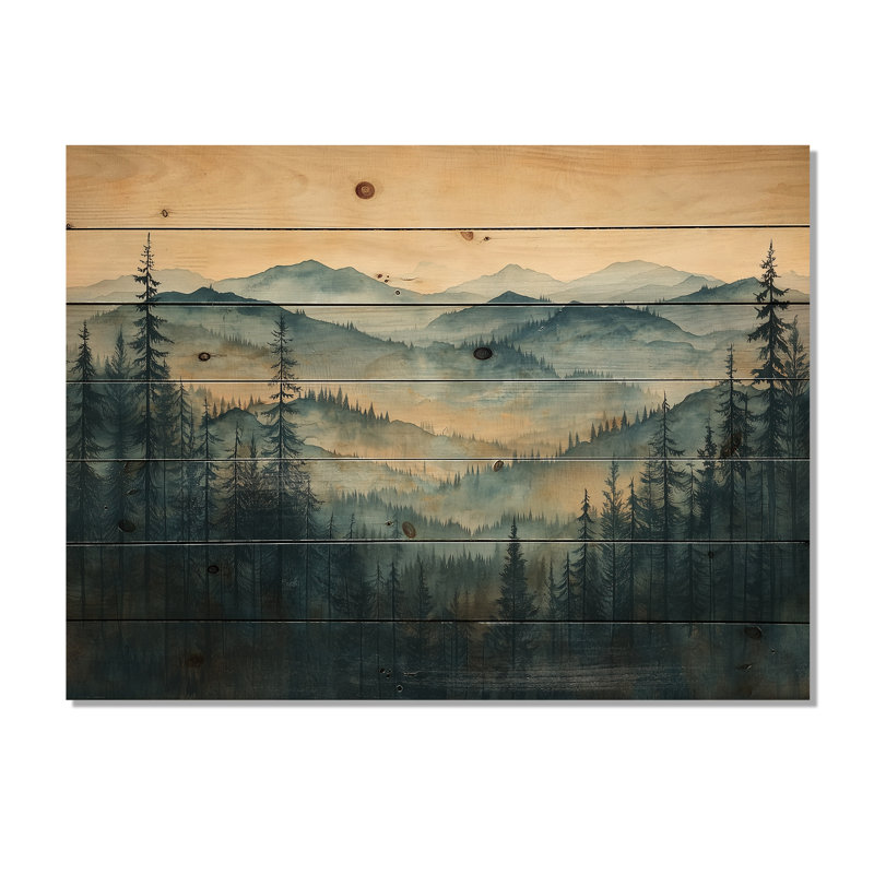 «Mountains Natures Layers In Blue Winter I», paysage de montagnes, décoration murale sur bois de pin naturel