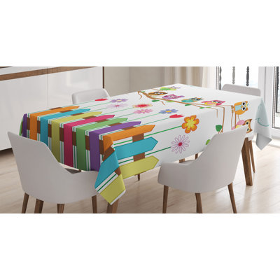 Nappe hiboux, hiboux sur une branche, journée ensoleillée en campagne, clôtures de campagne, fleurs sauvages, art, housse de table rectangulaire pour décor de cuisine de salle à manger, 52 po x 70 po, multicolore