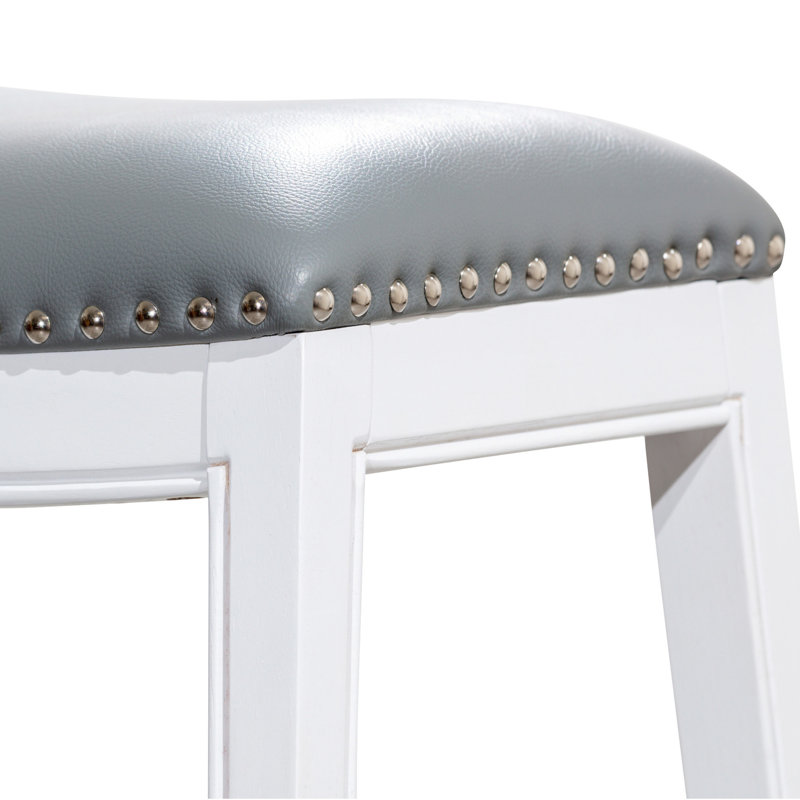 Tabouret de bar de 30 po de hauteur, siège en cuir reconstitué gris, blanc, rehausse le style du tabouret de cuisine avec une finition blanche, crée une atmosphère