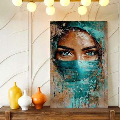 Abstrait, portrait de femme, yeux, voile turquoise, impression d'art moderne sur toile, abstrait moderne, décoration de salon, bureau, couloir, galerie
