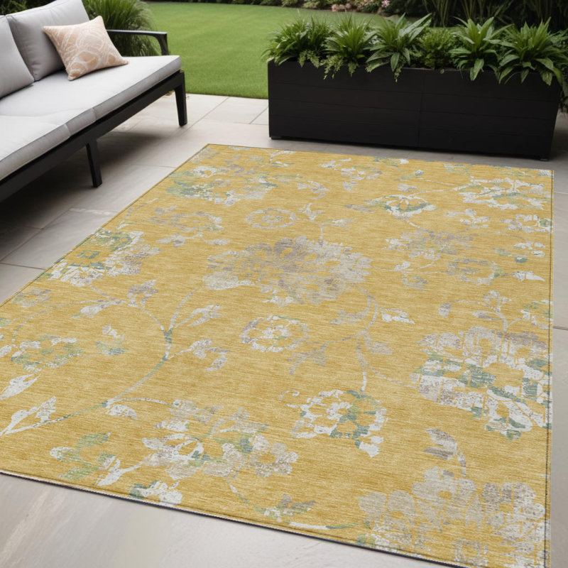 Tapis extérieur lavable floral beige doré et vert fougère 5 pi x 8 pi