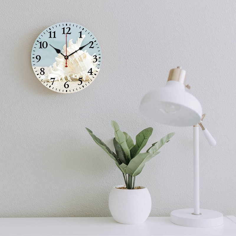 White Seashell Round Decor Wall Clock 12in x 12in, for Spa Room Small Yard