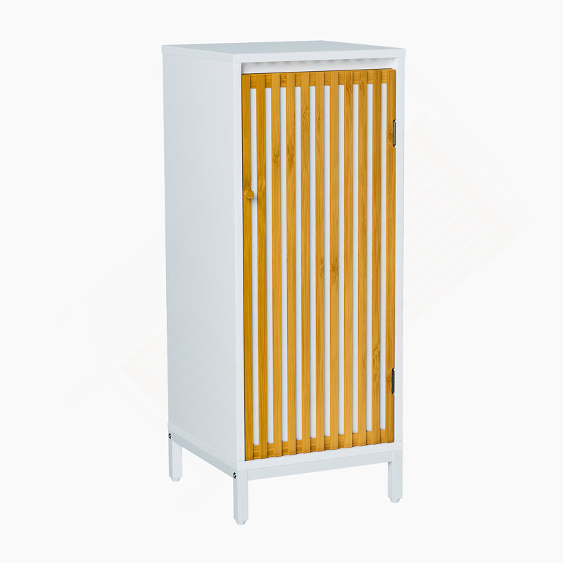 Living Room Side Cabinet With Bamboo Slats Door - Natural/White