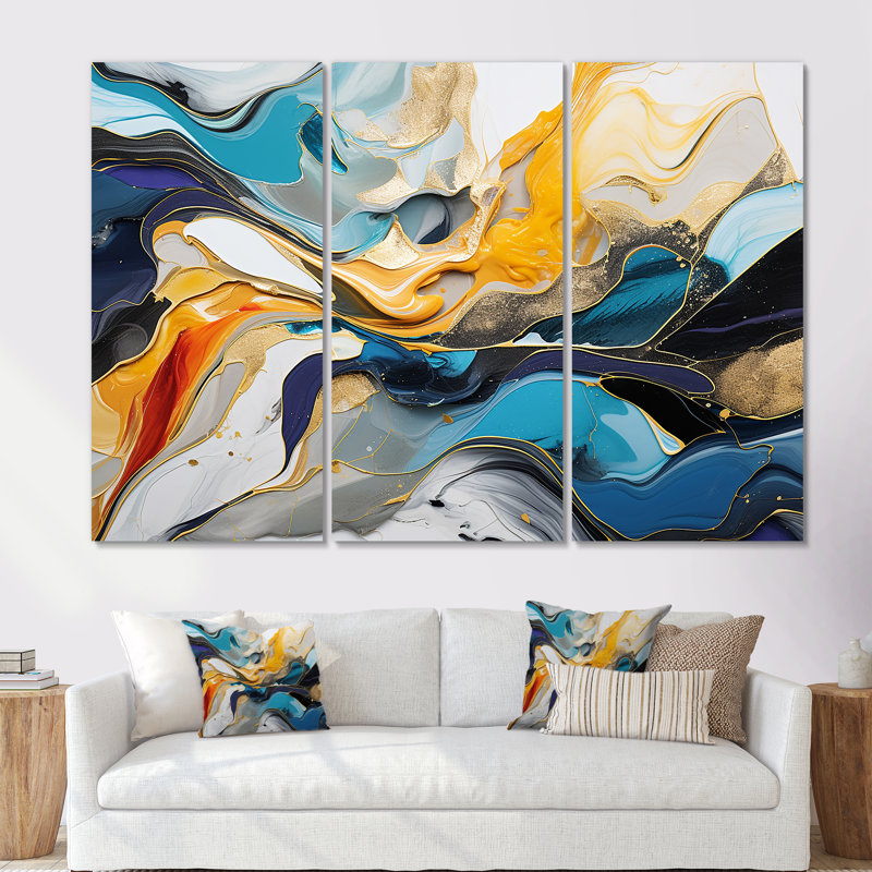 «Blue» et «Yellow», encre liquide «Harmony», art mural abstrait à l'encre liquide, Toile tendue, H 40 po x l 61 po x P 1 po