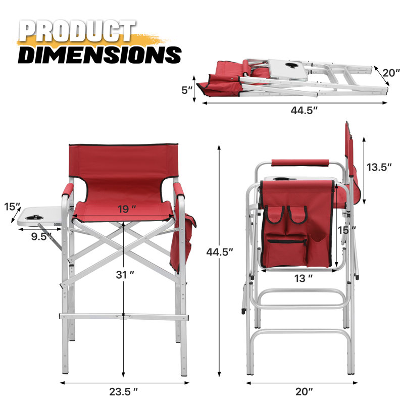 31" Seat Height Tall Directors Camping Chairs, Foldable Makeup Chairs With Cup Holder & Side Table, 250 Lbs Capacity, Red