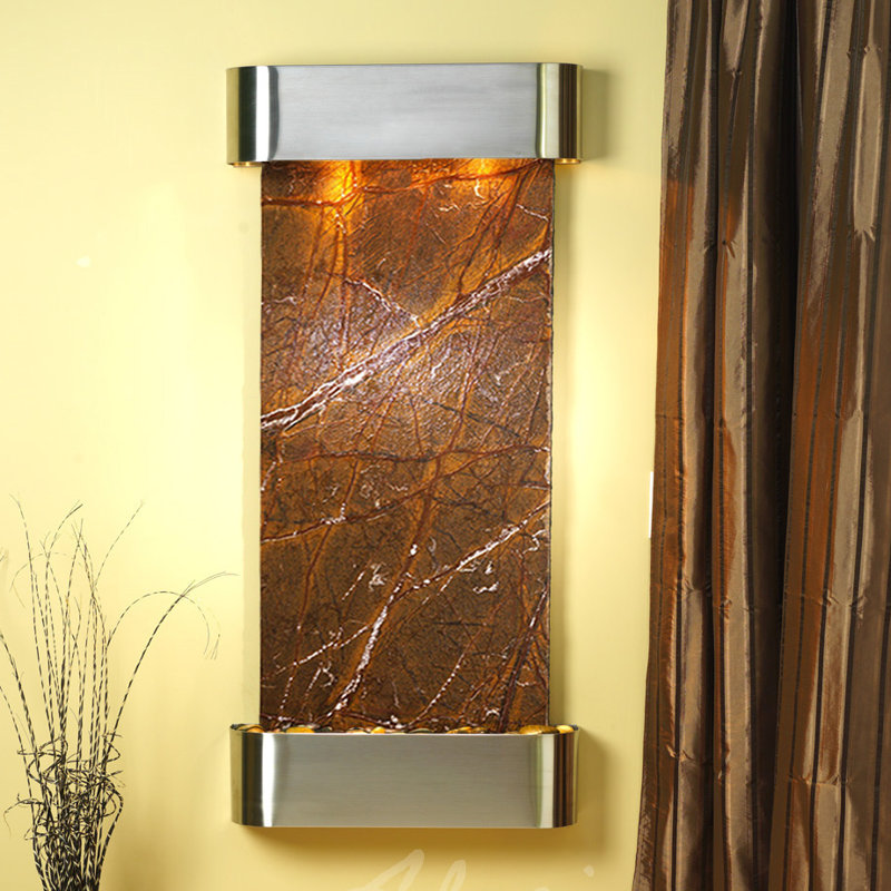 Fontaine avec lumière Cascade Springs, Marbre brun forêt tropicale, Acier inoxydable