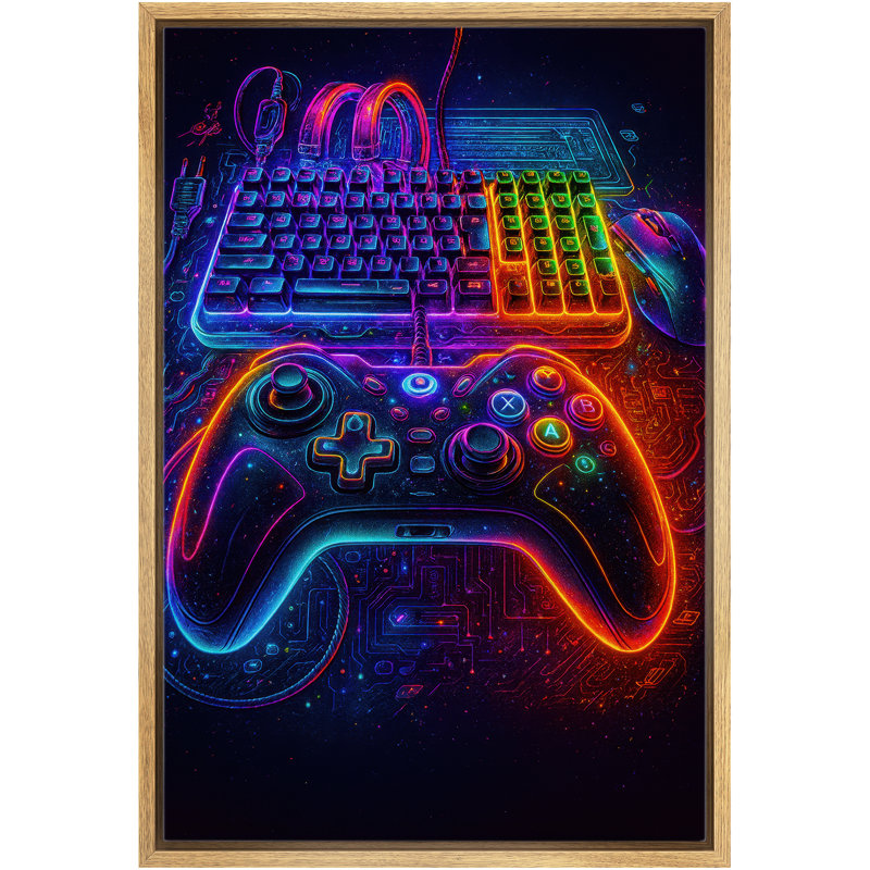 Illustration de contrôleur de jeu néon et clavier, images de salle de jeu moderne, impression sur toile encadrée, 3 pièces