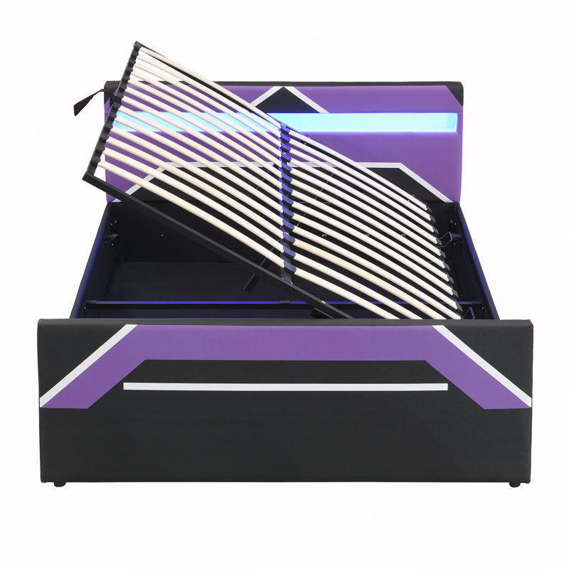 Lit de jeu avec tête de lit à DEL 7 couleurs et rangement hydraulique, Purple+Black
