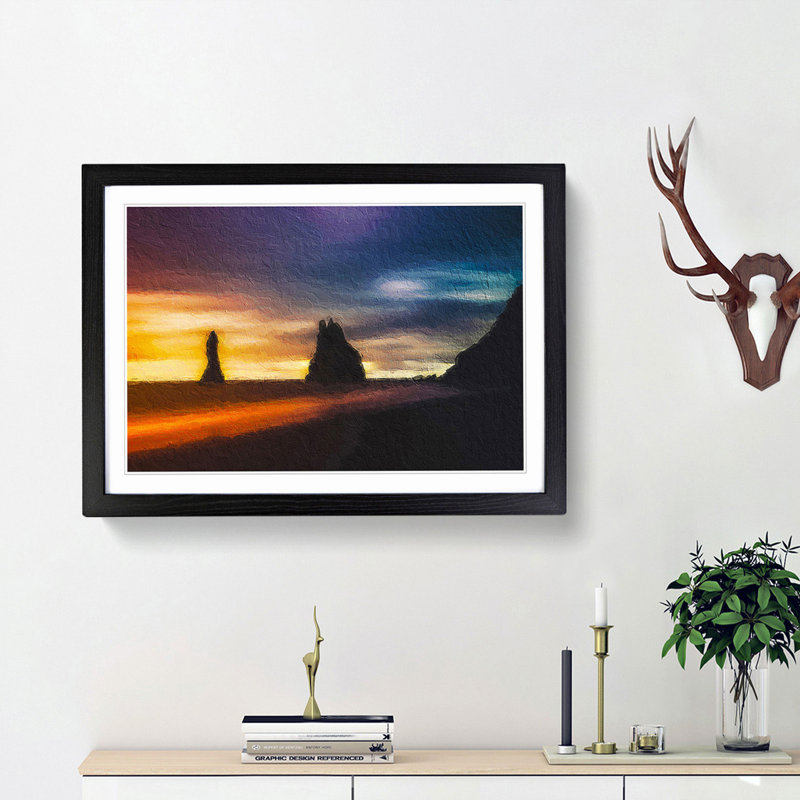 Beach In Vik Iceland - Single Picture Frame Painting, 24cm H x 33cm W x 2cm D, Black Framed