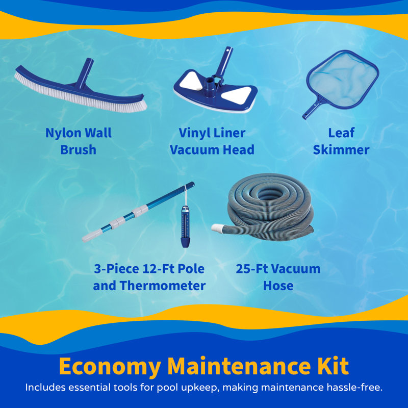 Piscine hors-terre ronde de 24 pieds et 52 pouces de profondeur Blue Wave Marbella - avec parois en acier et rails supérieurs, filtre à sable, doublure de recouvrement, échelle en A et trousse d'entretien - Accessoires de piscine extérieure complets