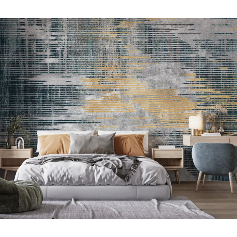 Modern Abstract Teal Gold Brushstroke Wall Mural, 96" L x 108" W