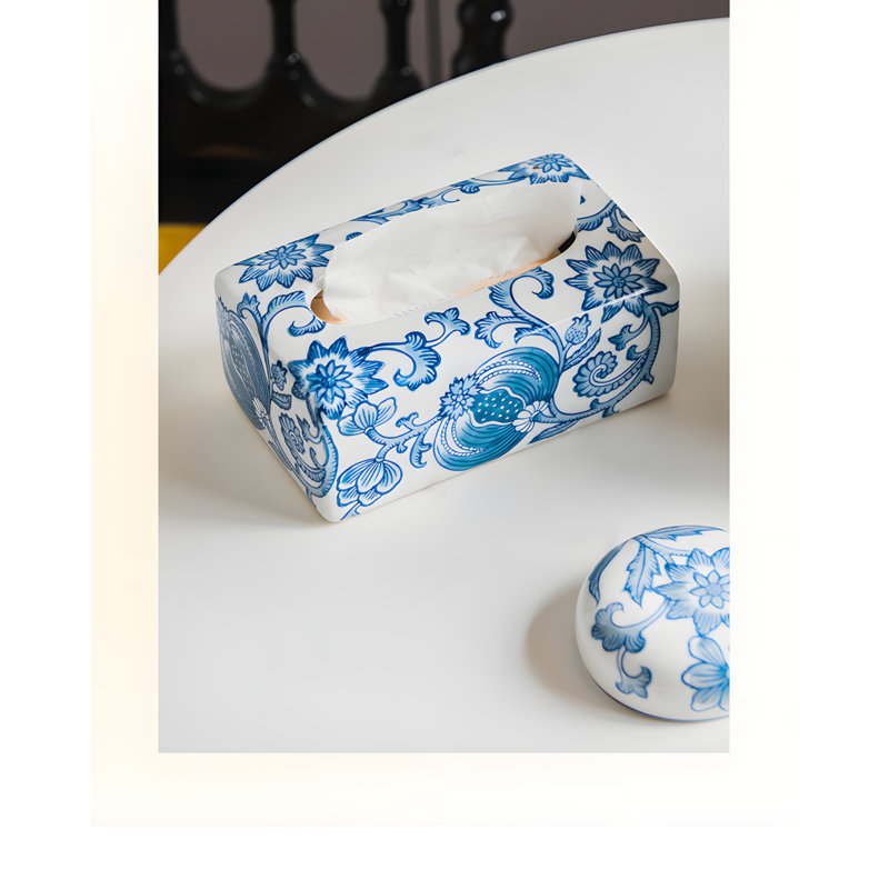 Porte-mouchoirs en porcelaine bleue et blanche pour salon et table à manger, boîte de rangement décorative en céramique