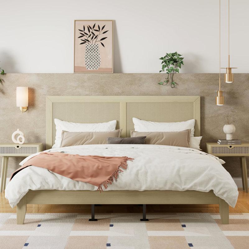 Lit plateforme en bois massif avec un design Mid-Century, ton naturel, tête de lit tissée, structure, lattes, supportant jusqu'à 800 livres, convient à différents styles de chambre à coucher, finition, densité de caoutchouc faible