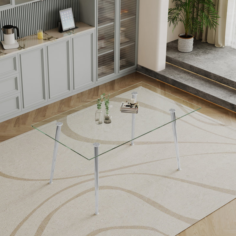 Table de salle à manger en verre trempé de 0,32 po d'épaisseur avec pieds en acier inoxydable argenté