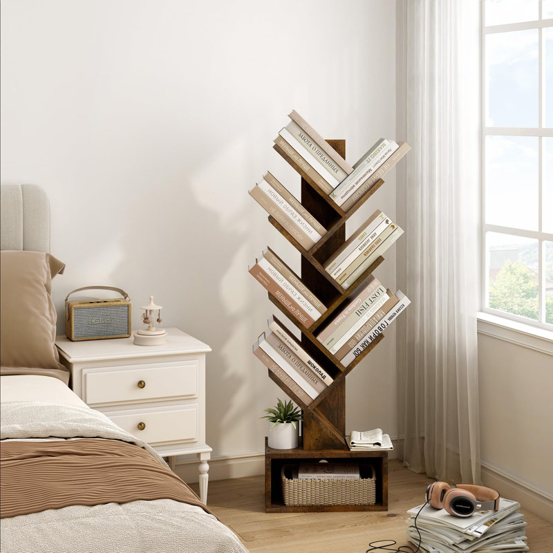 Vintage 6-Tier Tree Bookshelf With Drawer - Waterproof & Scratch Resistant, Walnut