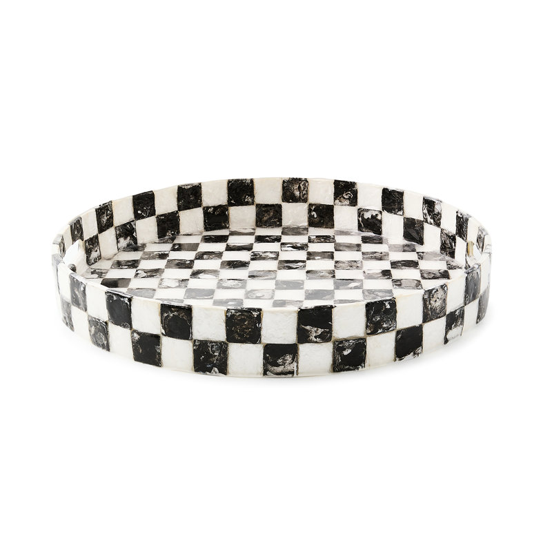 Check Capiz Round Tray, Black/White