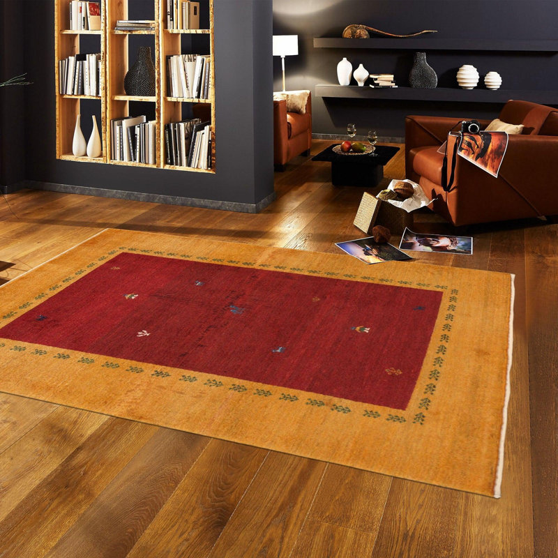Tapis rouge / doré en coton / laine noué à la main à motif rectangulaire sans motif à la main 3 pi 5 po x 4 pi 9 po Oscer