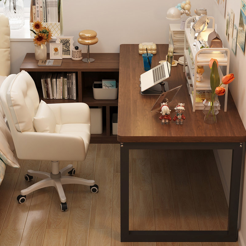 Solid Wood L-Shaped Desk with Integrated Bookshelf, 29.53" H x 55.12" W x 47.24" D