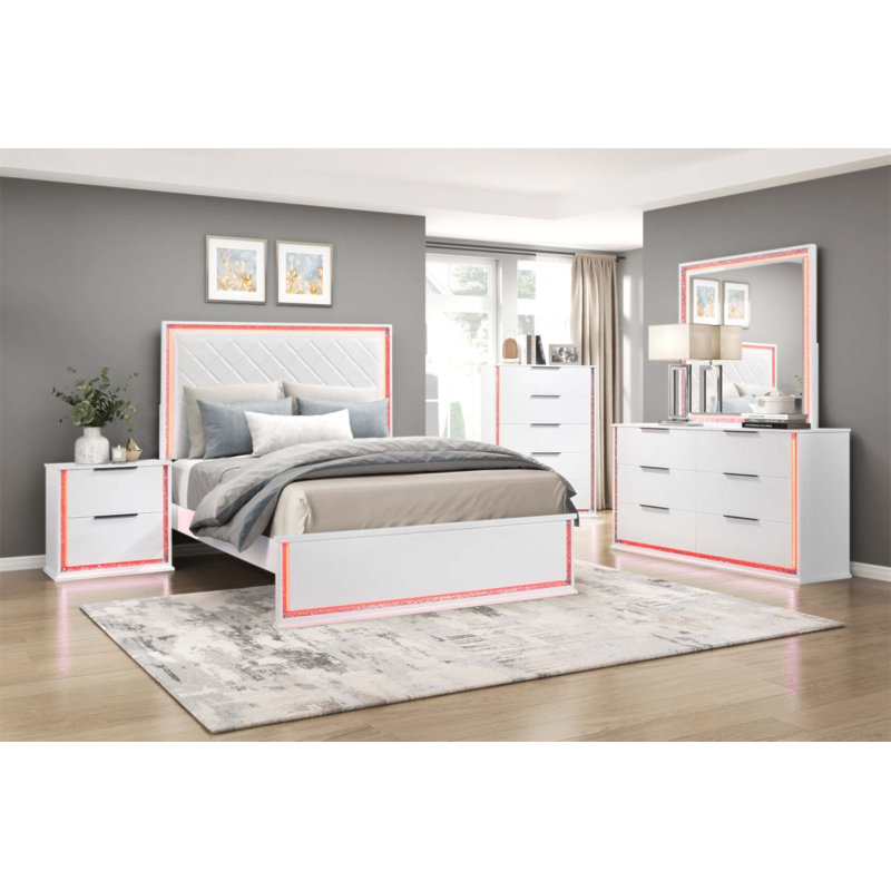Très grand lit contemporain en Californie avec lumière DEL, tête de lit tapissier en similicuir et 8 options de couleurs
