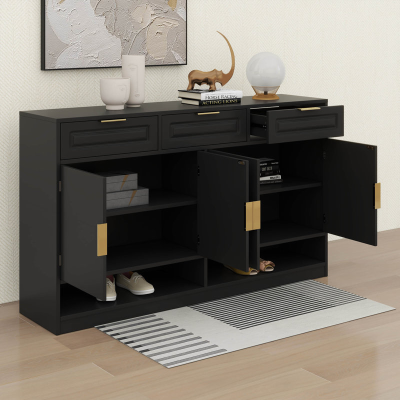 Buffet Farmhouse avec 3 tiroirs et 4 portes, buffet de rangement multifonctionnel avec tablette réglable et compartiments de rangement ouverts