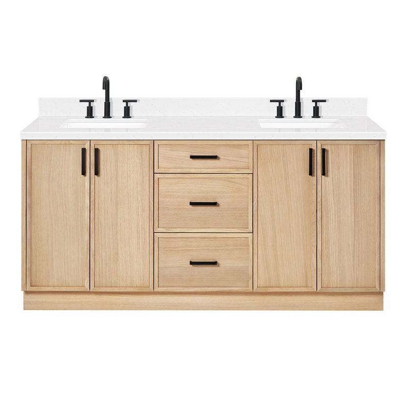 ARIEL Kelly 73 Double Sink Bathroom Vanity with Pure Quartz Top, Oak, Rectangular, Carrara White Quartz
