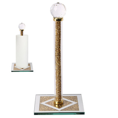 Square Base Standing Paper Towel Stand with Sparkly Crystal Crushed Diamonds Decor for Kitchen Table Bathroom (Golden)