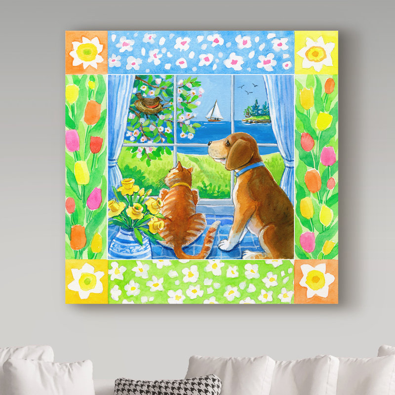 «Spring Cat and Dog» par Hollifield, reproduction de peinture acrylique sur toile tendue, H 14 po x l 14 po x P 2 po