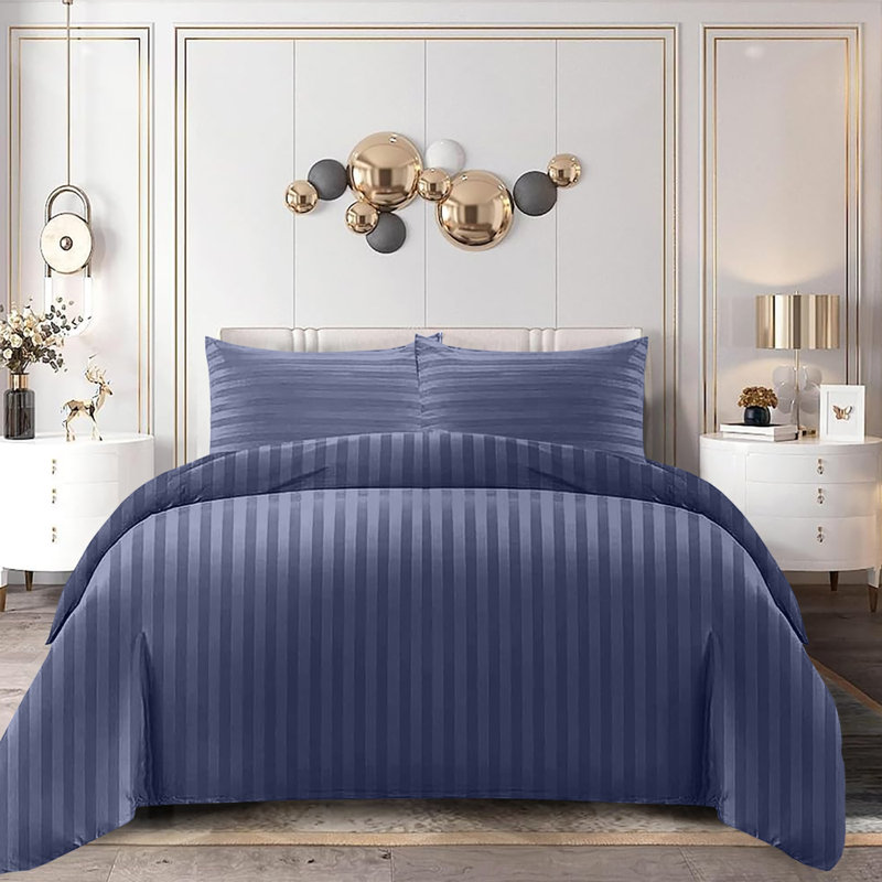 Aspire Homeware 4 Piece Hotel Quality Striped Duvet Bedding Set with Pillowcases and Fitted Sheet for Luxury Bedding Comfort