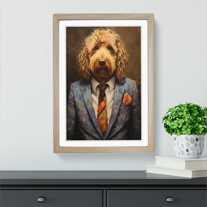 Labradoodle In A Suit Painting No.4 - Single Picture Frame Print on Wood, Oak Framed, 34cm H x 25cm W x 2cm D