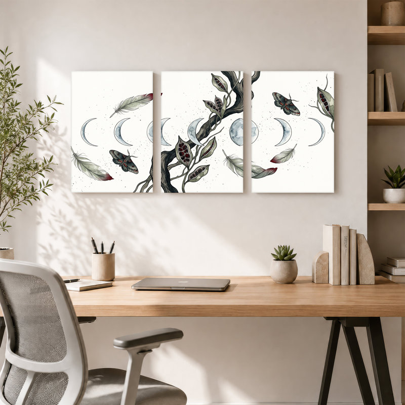 «Moths and Moon Phases on Tw torsed Branch», art mural sur toile, H 24 po x l 16 po x 3 pièces