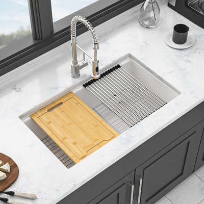 30X19" White Composite Workstation Kitchen Sink, Hard & Smooth, Protects Hands, Package With Drying Rack Installation Clips 30X19", White, Composite, Workstation, Undermount, Strong, Quiet,