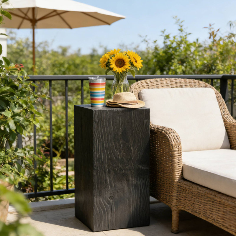 33.75"H End Table, Square-Column Wood-Look Distressed Finish, Black Color Indoor & Outdoor, 33.75" H x 14.5" W x 14.5" D