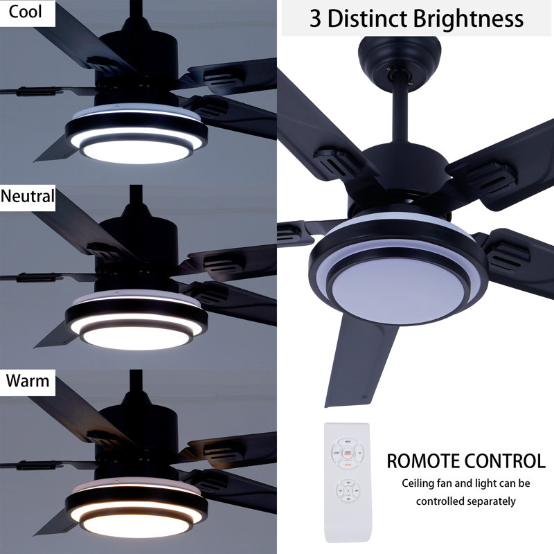 52" Traditional Ceiling Fan With Led Light, Remote Control, 3-Speed & 3-Colour Led, 5000 Cfm Airflow