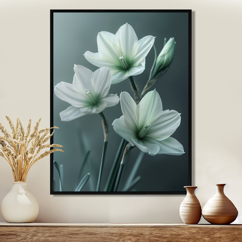 Jonquilles monochromes grises et blanches Photo II - Jonquilles murales, salon, Cadre flottant noir, H 30 po x l 40 po