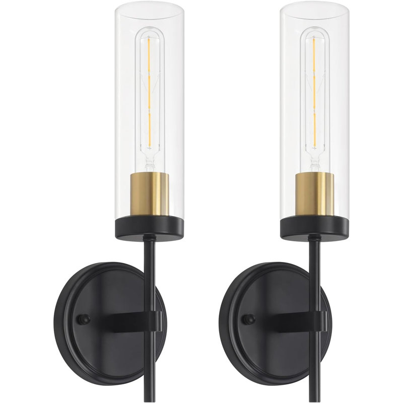 Modern Hardwired Wall Sconces Set Of 2 With Clear Glass Shade, Brushed Gold Vanity Light Fixtures For Bathroom, Living Room, Bedroom, And Hallway