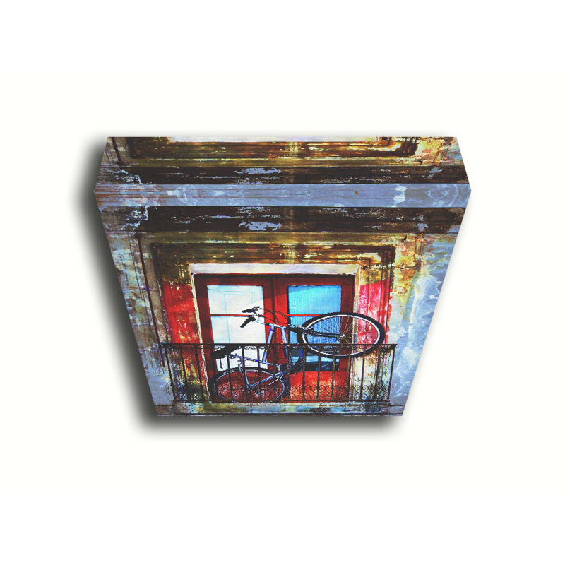 Vélo sur le balcon par Hal Halli. Toile giclée sur toile tendue avec cadre flottant, taille de l'image - 32 x 40