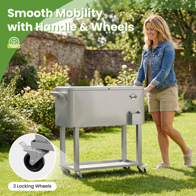 80 pte / 20 gallons Chariot de refroidissement extérieur pour terrasse, armoire de rangement pour glacière autoportante en acier inoxydable avec roulettes