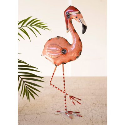 Kalalou Recycled Metal Christmas Flamingo Painted Holiday Decor 21" Tall Tropical Accent