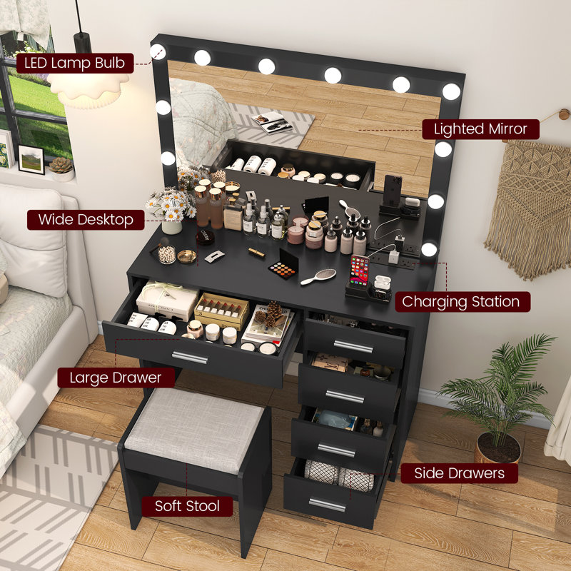 Coiffeuse avec lumières et tabouret Jaq, Noir