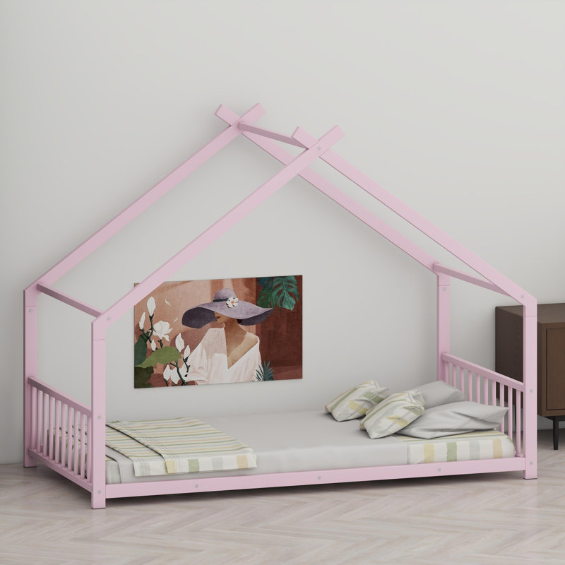 Metal House Bed Frame with Open Concept Design, Pink