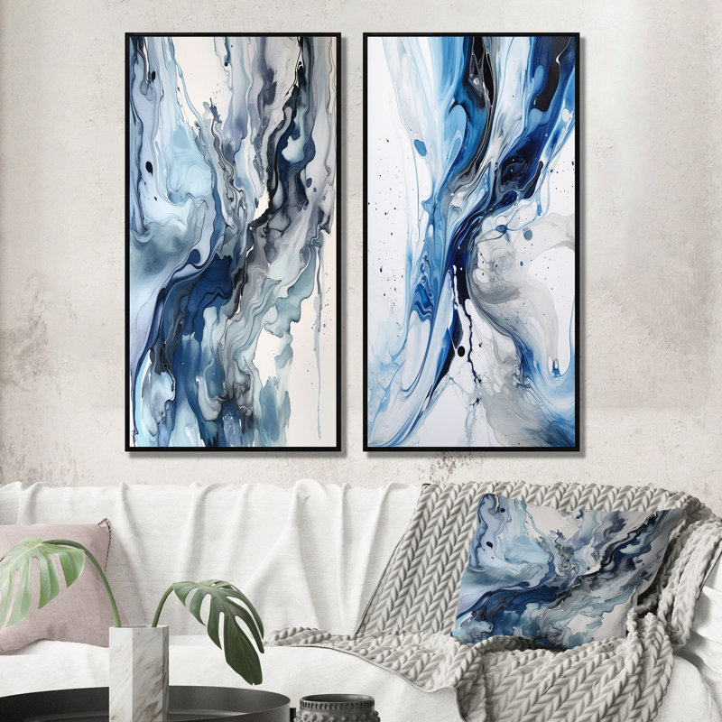 «Blue and Grey Ethereal Elixir II», ensemble d'art mural abstrait de 2 pièces, Cadre noir, H 24 po x l 20 po